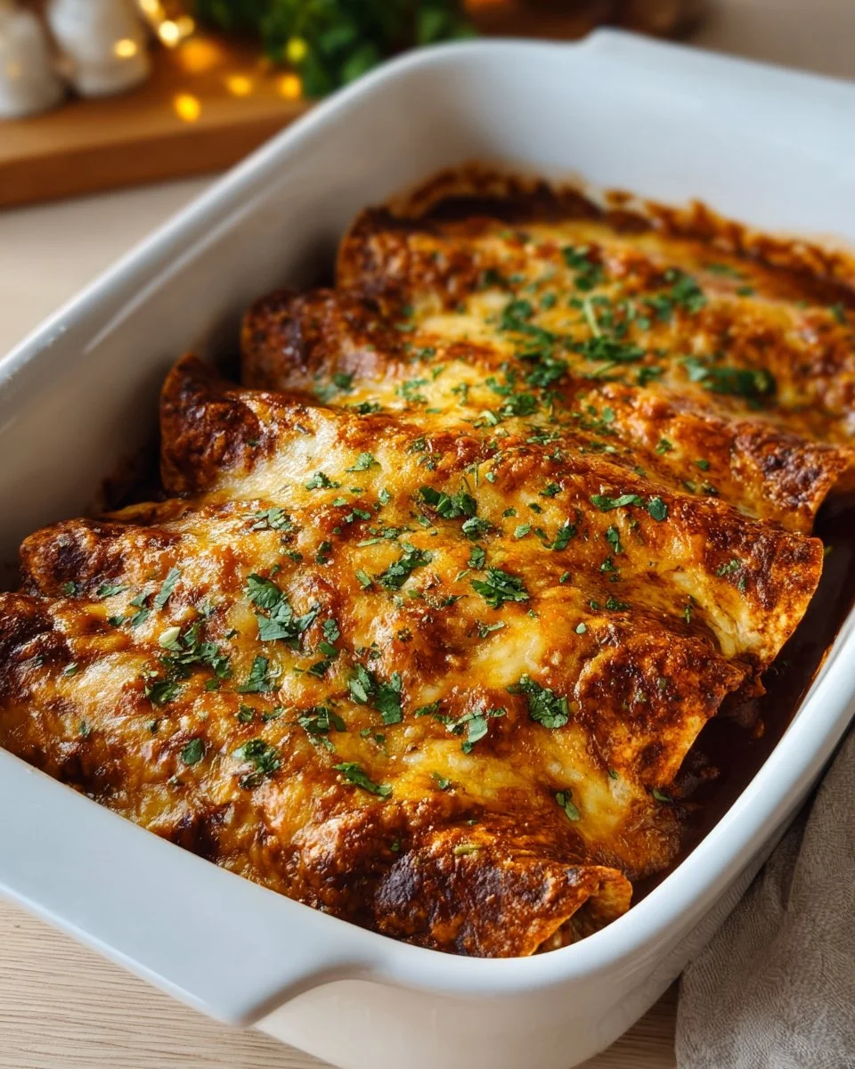 Delicious shredded chicken enchiladas topped with cheese and sauce