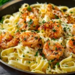 Delicious Shrimp Alfredo served on a plate with pasta and creamy sauce