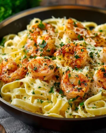 Delicious Shrimp Alfredo served on a plate with pasta and creamy sauce