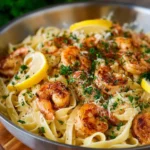 Delicious plate of shrimp linguine garnished with herbs and spices