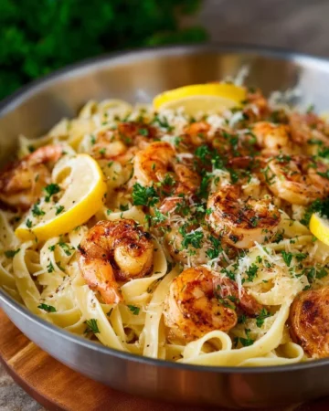 Delicious plate of shrimp linguine garnished with herbs and spices