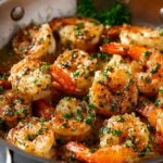 Delicious plate of Shrimp Scampi Pasta with garlic and Parmesan cheese