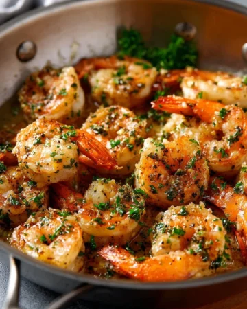 Delicious plate of Shrimp Scampi Pasta with garlic and Parmesan cheese