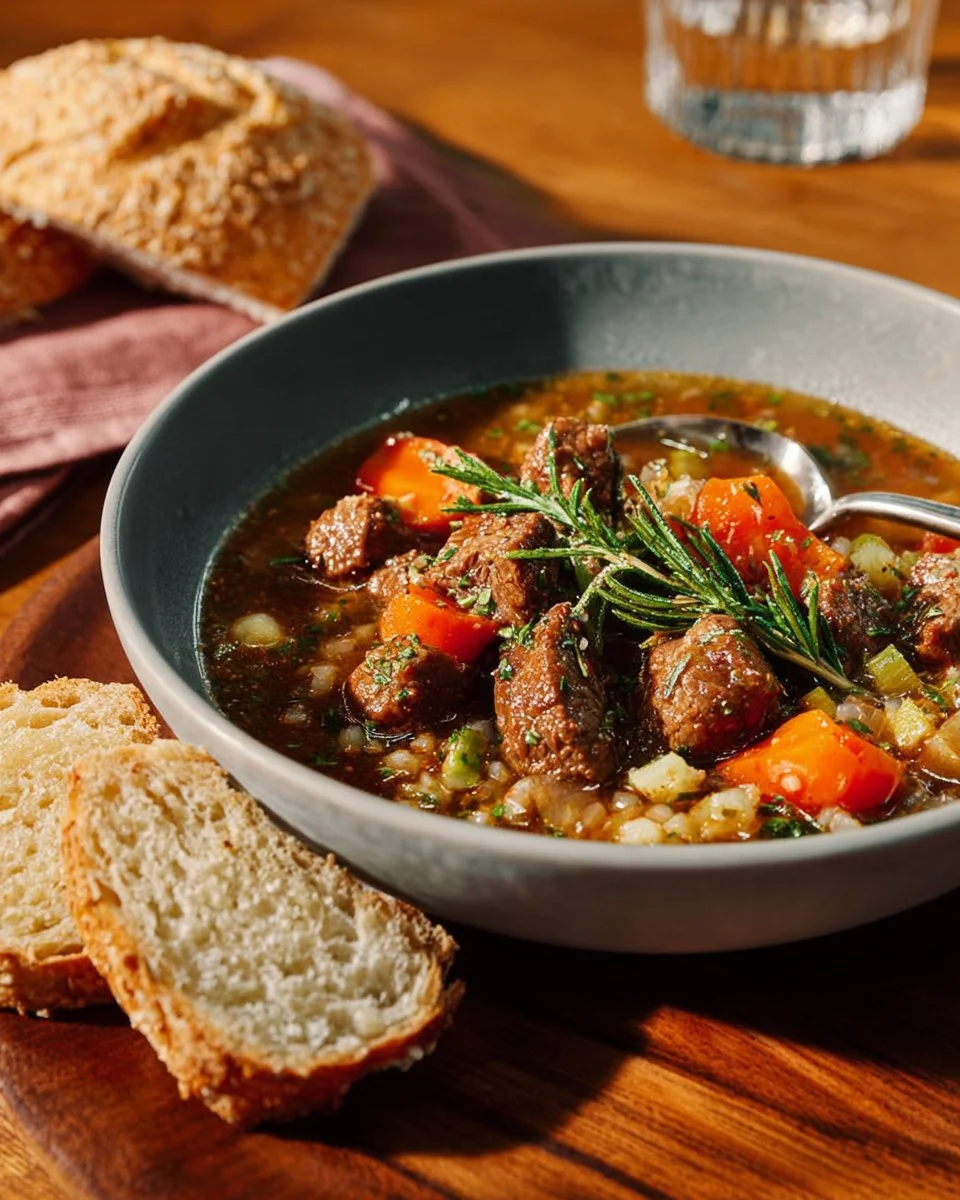 Bowl of Slow Cooker Beef Barley Soup with vegetables and herbs