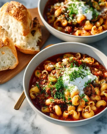 Delicious slow cooker lasagna soup in a bowl with cheese and basil