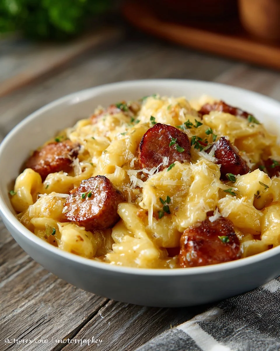 Slow cooker sausage and potato casserole dish served on a rustic table