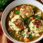 Bowl of Southern homemade chicken and dumplings with herbs and spices