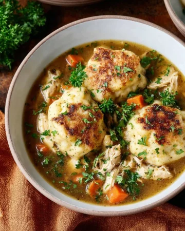 Bowl of Southern homemade chicken and dumplings with herbs and spices