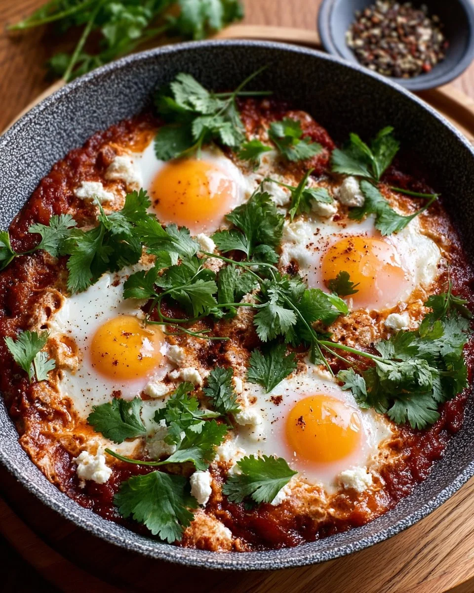 Spicy shakshuka topped with creamy goat cheese served in a vibrant dish.
