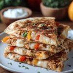 Delicious spicy shredded chicken quesadillas on a plate.
