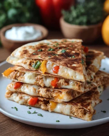 Delicious spicy shredded chicken quesadillas on a plate.