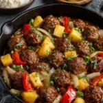 Sweet and sour meatballs served with pineapple on a plate