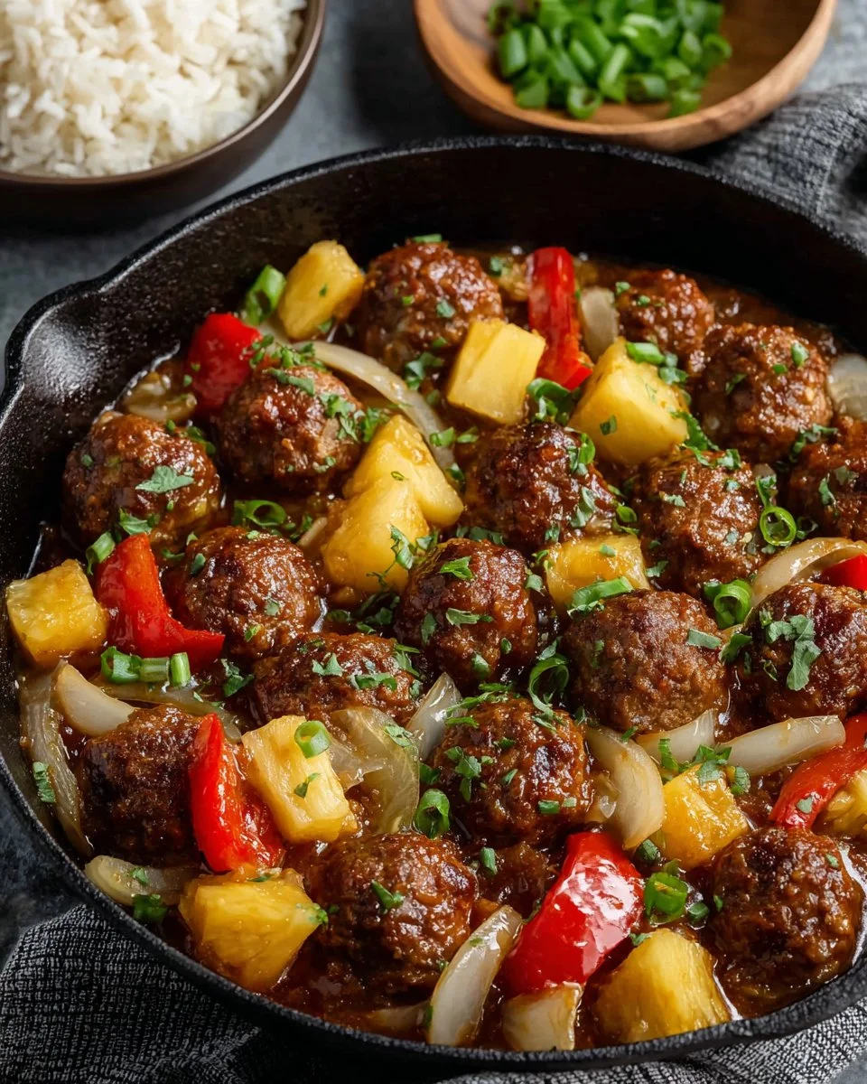 Sweet and sour meatballs served with pineapple on a plate