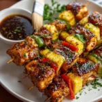Grilled teriyaki chicken pineapple kabobs on skewers ready to be served