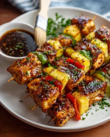 Grilled teriyaki chicken pineapple kabobs on skewers ready to be served