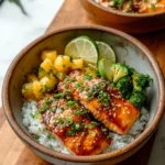 Delicious teriyaki salmon bowl with fresh vegetables and rice