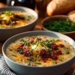 A bowl of creamy potato soup garnished with herbs and served with bread.