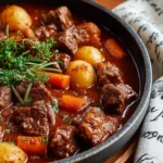 Bowl of traditional Irish Guinness Beef Stew with fresh herbs and vegetables