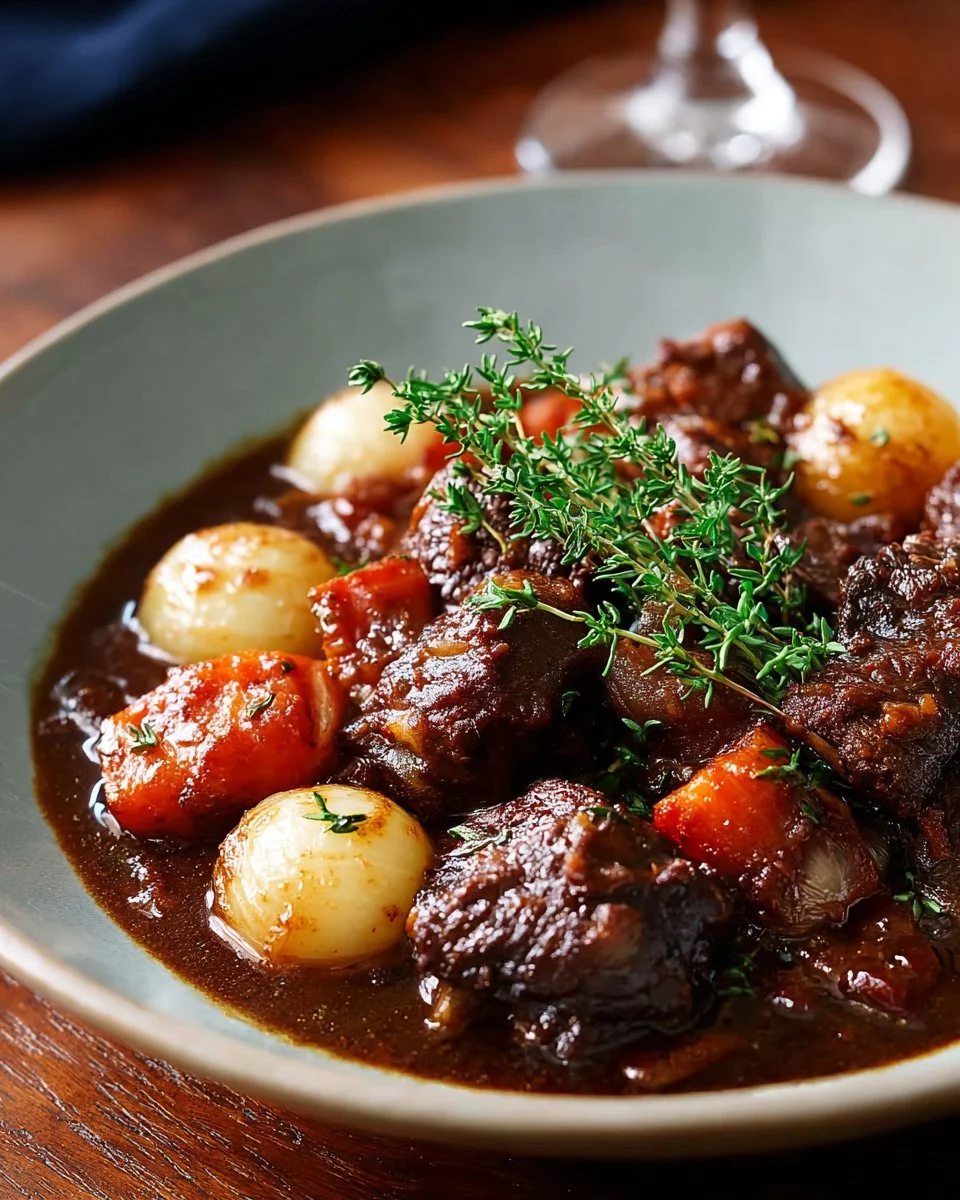 Delicious Beef Bourguignon served in a rustic bowl with vegetables and herbs.