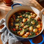 Bowl of white bean and vegetable soup garnished with fresh herbs.