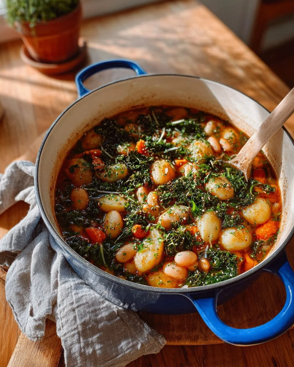 Bowl of white bean and vegetable soup garnished with fresh herbs.
