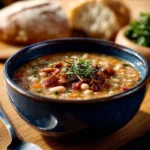 Bowl of delicious white bean soup garnished with herbs