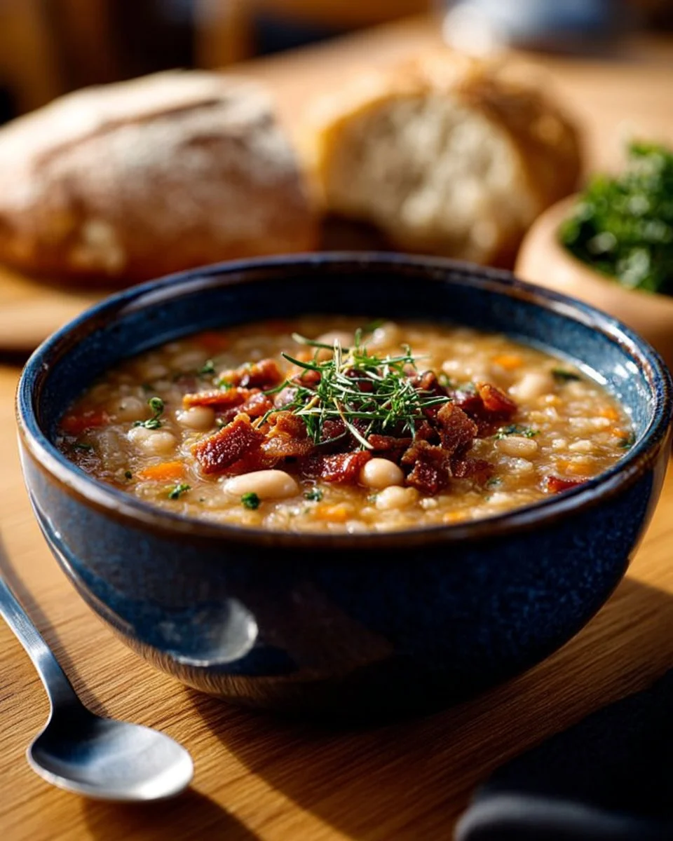 Bowl of delicious white bean soup garnished with herbs