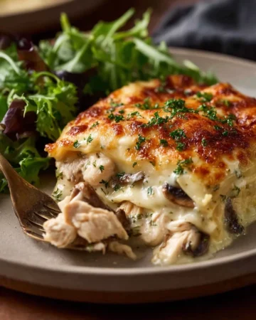 Delicious white chicken lasagna with cheese and herbs in a baking dish