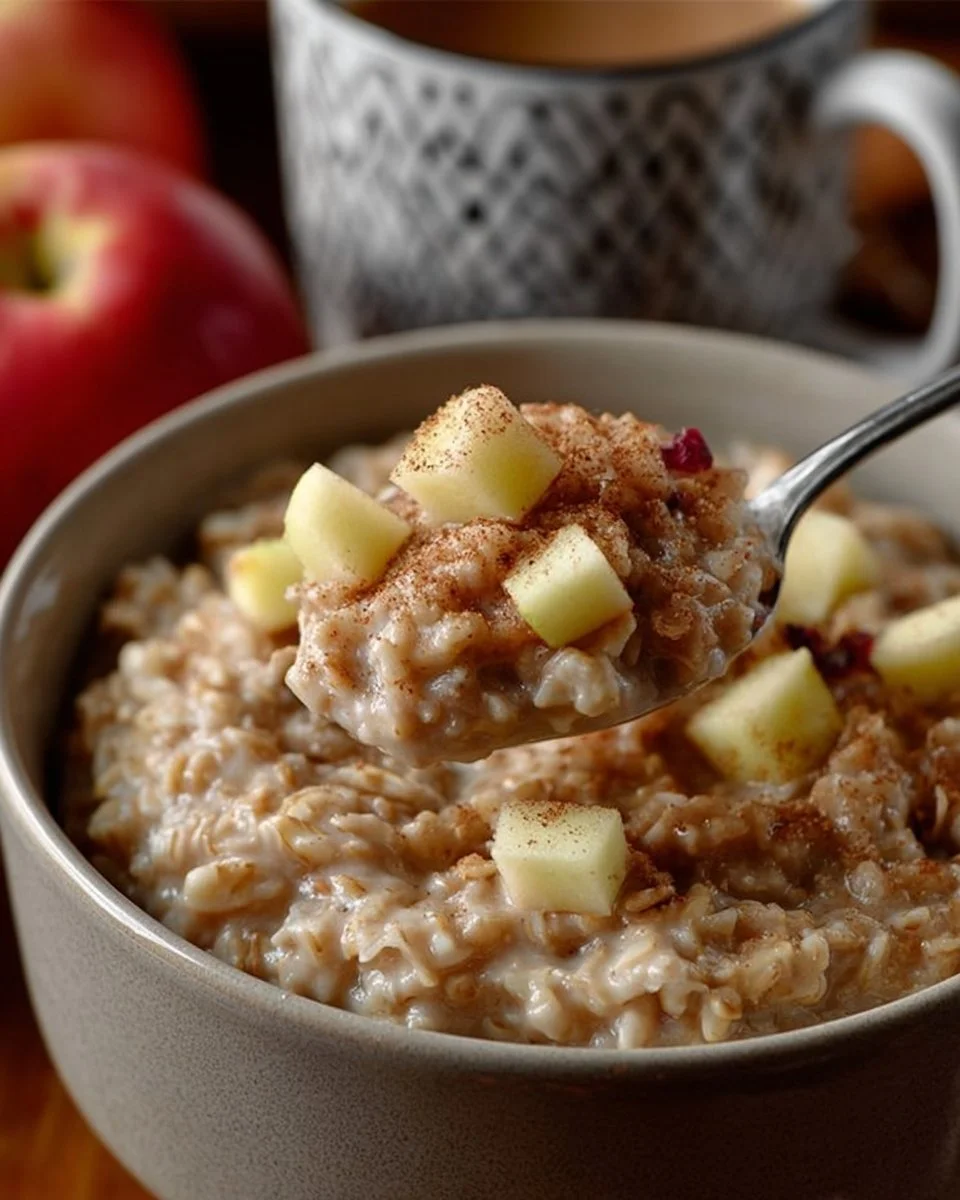 Delicious apple cinnamon oatmeal topped with apple slices and cinnamon
