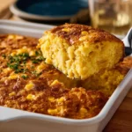 Delicious creamy corn casserole served in a baking dish