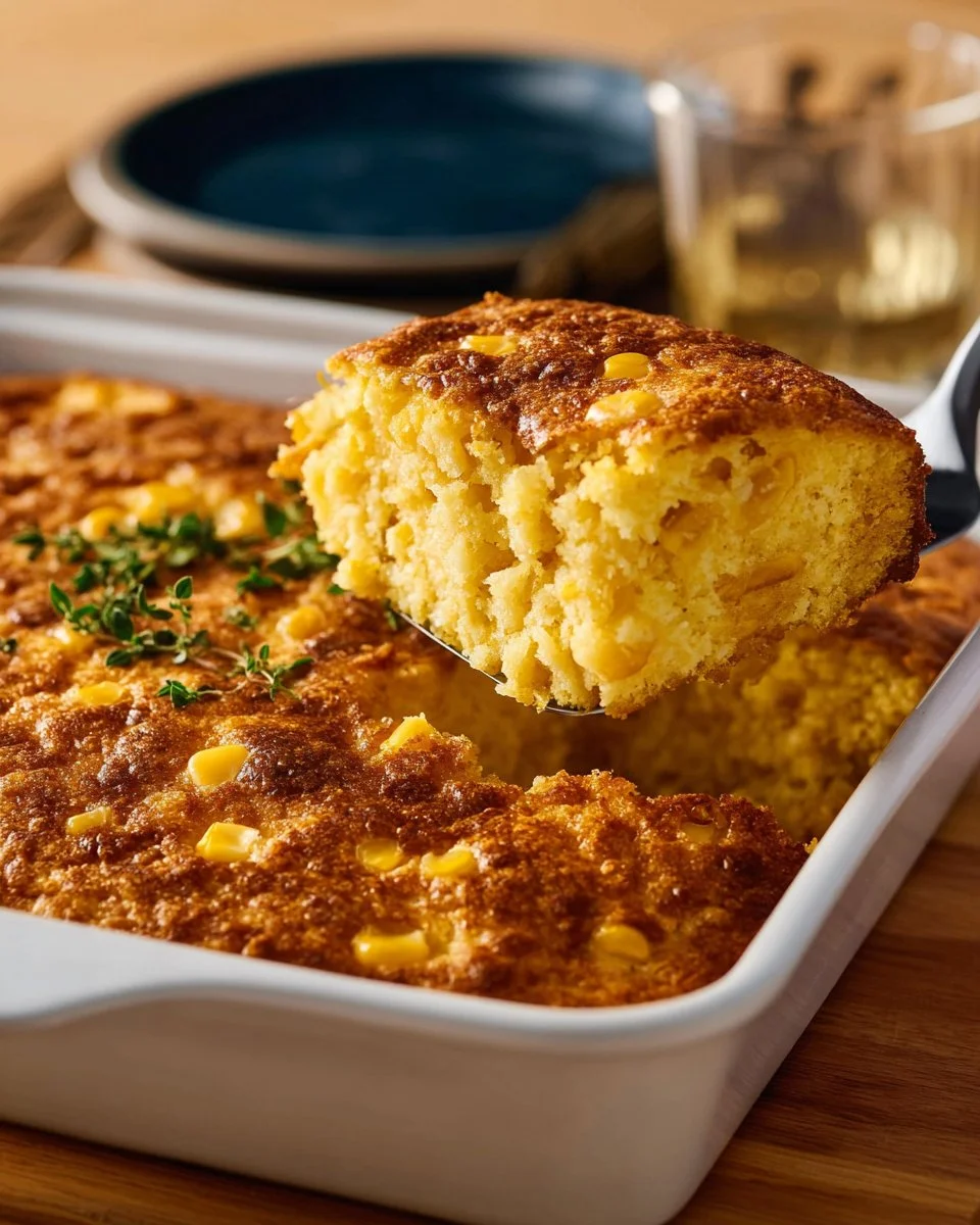 Delicious creamy corn casserole served in a baking dish