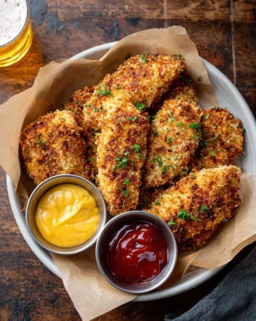 Golden Baked Honey Mustard Chicken Tenders on a plate garnished with herbs