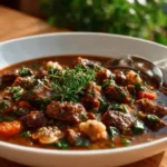Delicious bowl of Beef and Barley Stew garnished with fresh herbs.