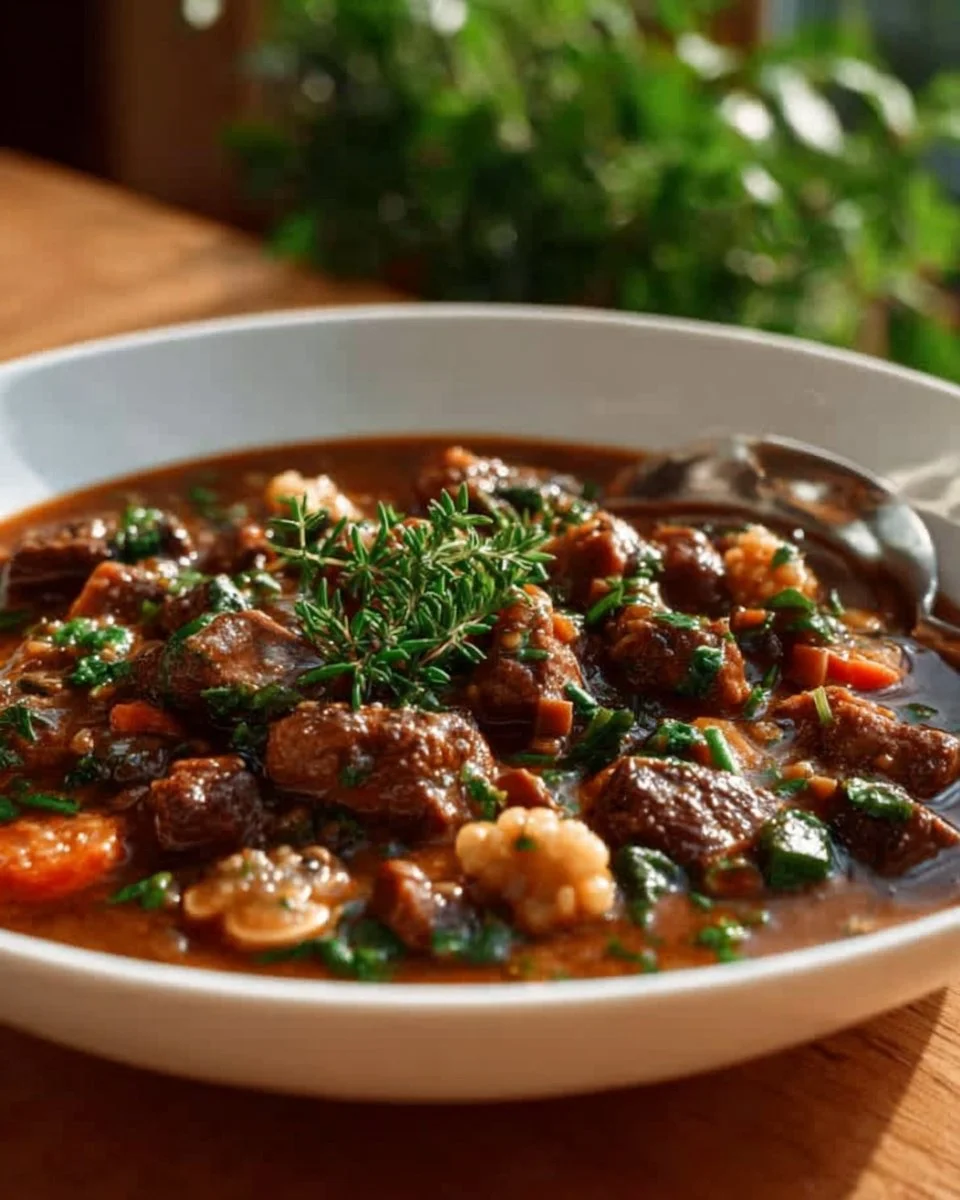 Delicious bowl of Beef and Barley Stew garnished with fresh herbs.