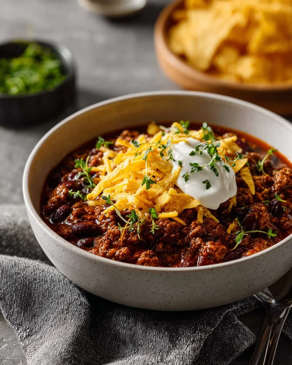 Delicious bowl of beef chili garnished with fresh herbs