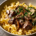 Delicious homemade Beef Stroganoff served with pasta