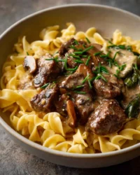 Delicious homemade Beef Stroganoff served with pasta