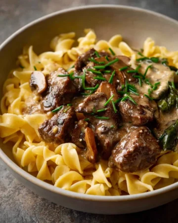 Delicious homemade Beef Stroganoff served with pasta