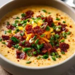 Bowl of creamy beer cheese soup garnished with herbs and served with bread