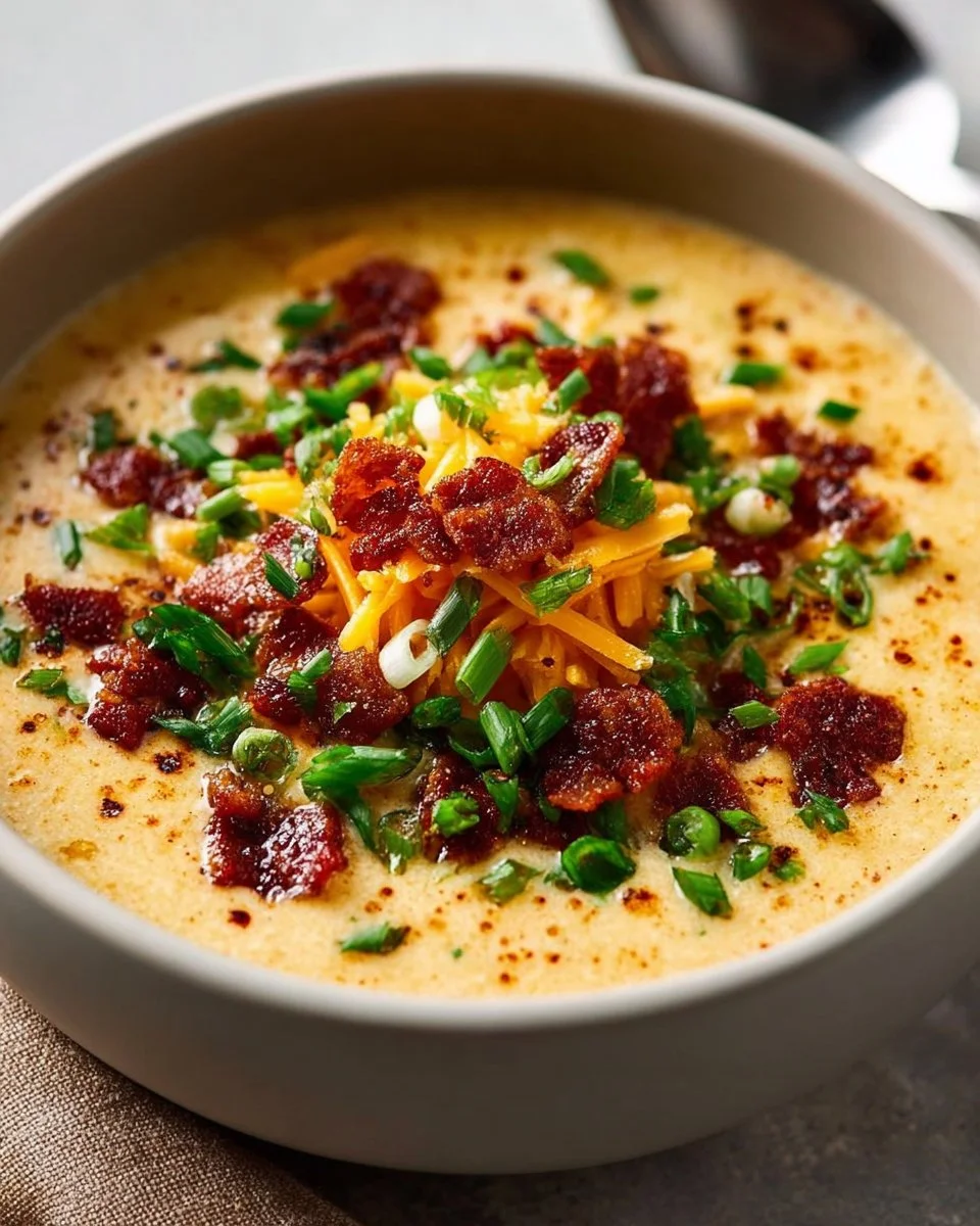 Bowl of creamy beer cheese soup garnished with herbs and served with bread