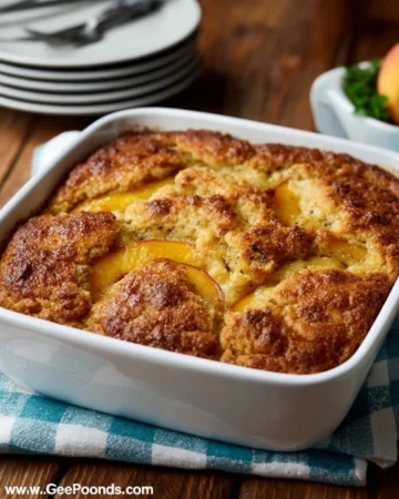 Delicious homemade Bisquick Peach Cobbler served in a baking dish
