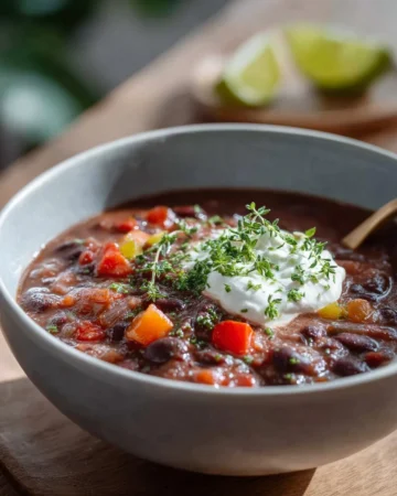 Bowl of black bean and ham soup garnished with cilantro and lime.