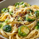 Delicious Brussels Sprouts Pasta topped with parmesan cheese