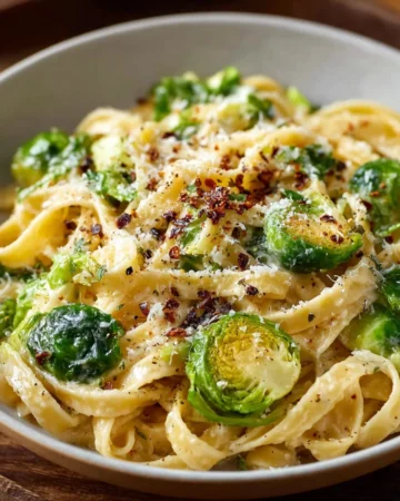 Delicious Brussels Sprouts Pasta topped with parmesan cheese