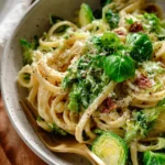 Brussels Sprouts Pasta Carbonara dish garnished with parsley and cheese
