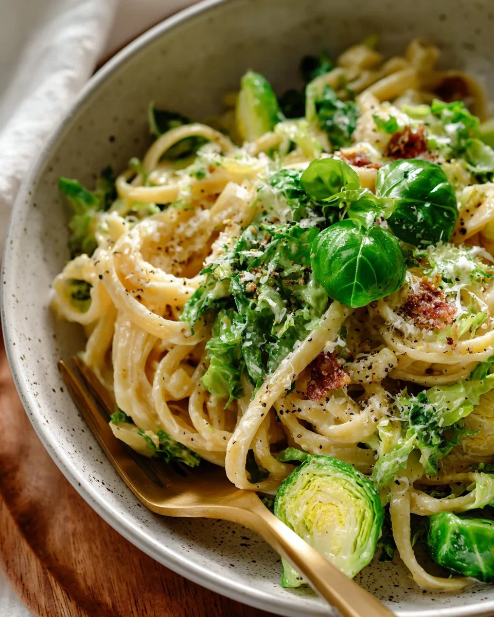 Brussels Sprouts Pasta Carbonara dish garnished with parsley and cheese