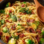 Brussels Sprouts Pasta garnished with Bacon and Sun-Dried Tomatoes in a bowl