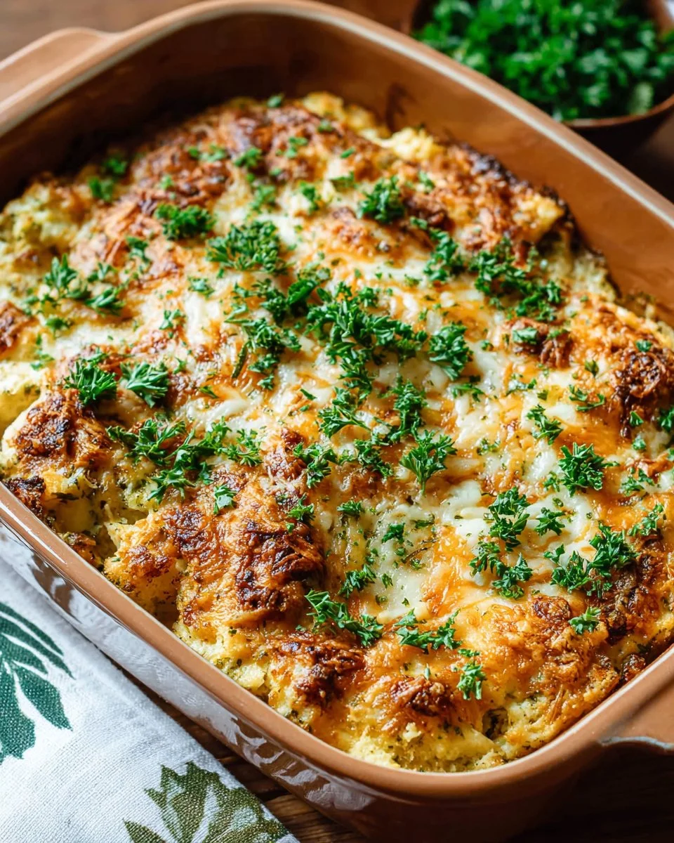 Cheesy Chicken and Rice Casserole topped with melted cheese and herbs