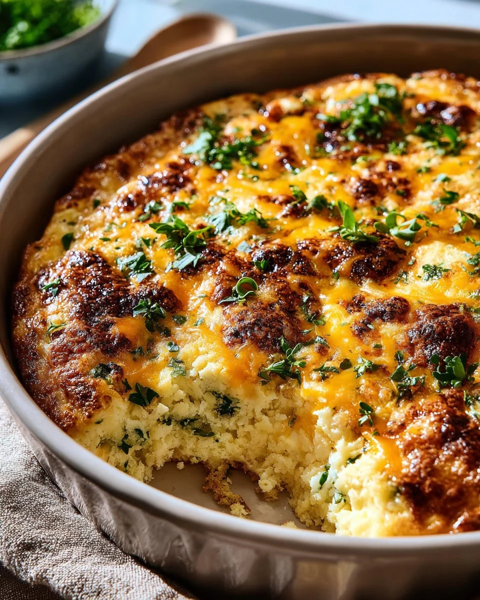 Cheesy Chicken & Broccoli Casserole in a baking dish, garnished with herbs