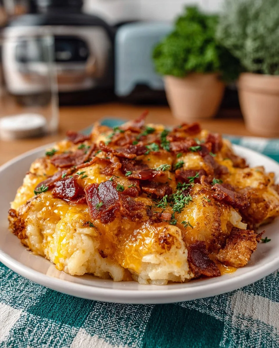 Delicious Cheesy Chicken Tater Tot Bake served in a casserole dish